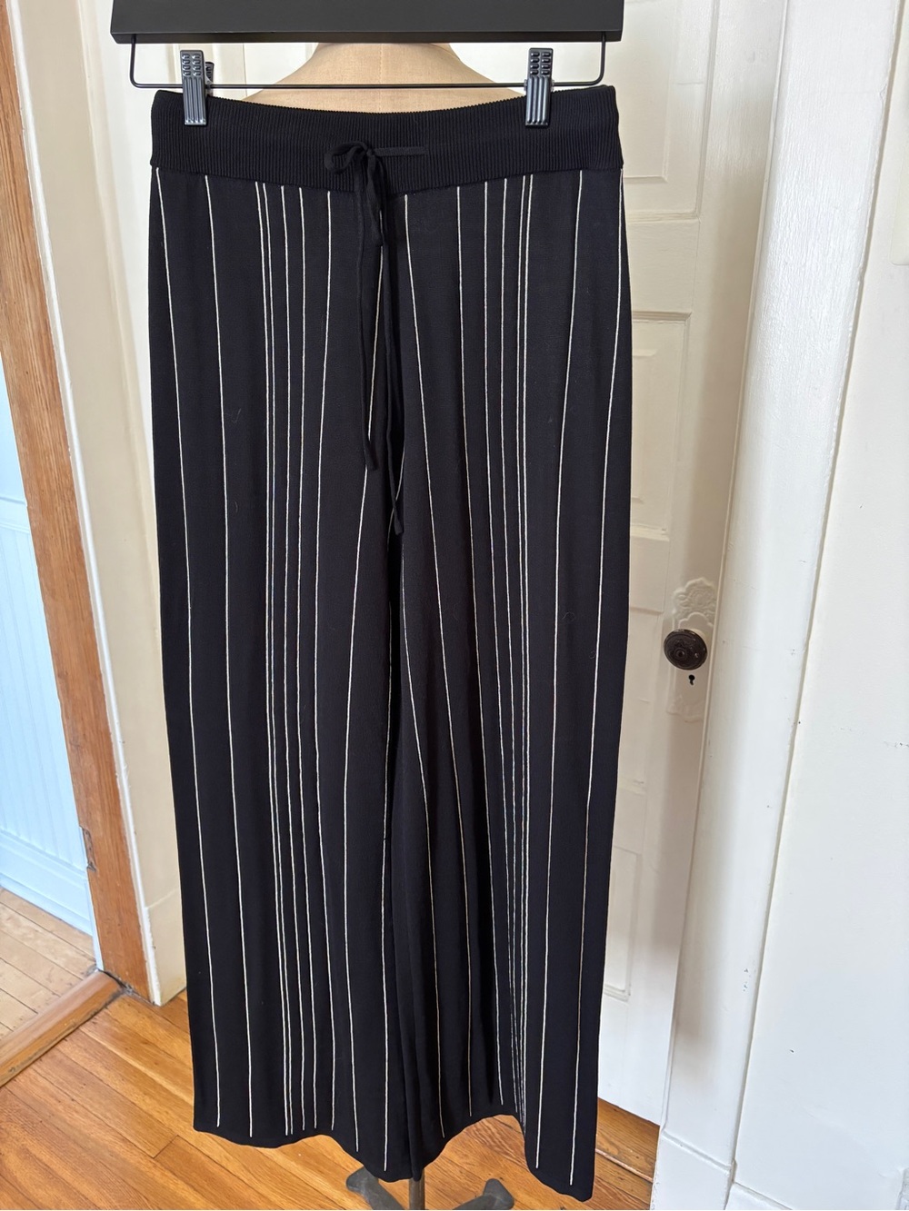 LNA Rylan Black Wide-Leg Knit Trousers with White Pinstripes